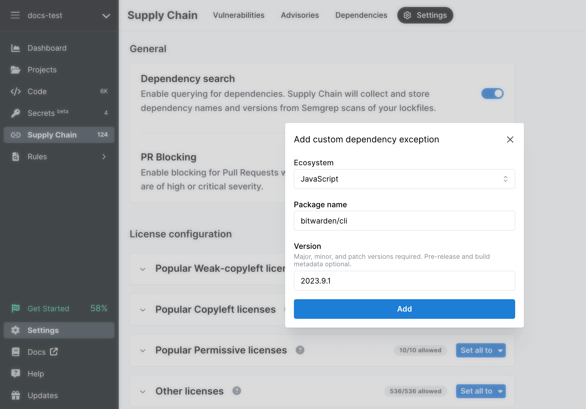 Semgrep AppSec Platform's Add custom exception window